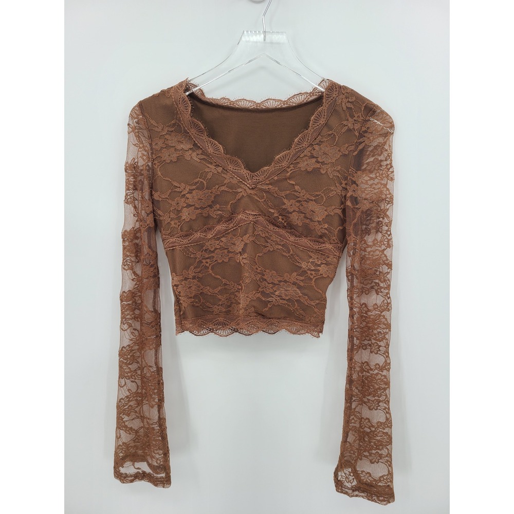 Y2K Babydoll Fairy Lace Top S Crop Sheer Brown Grunge Indie Boho Layering